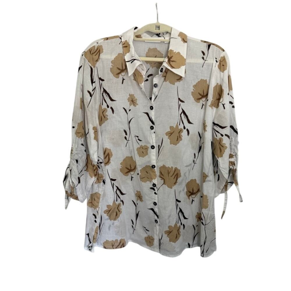 Susan Graver Neutral Floral Cotton Button-Down Shirt Women’s XL